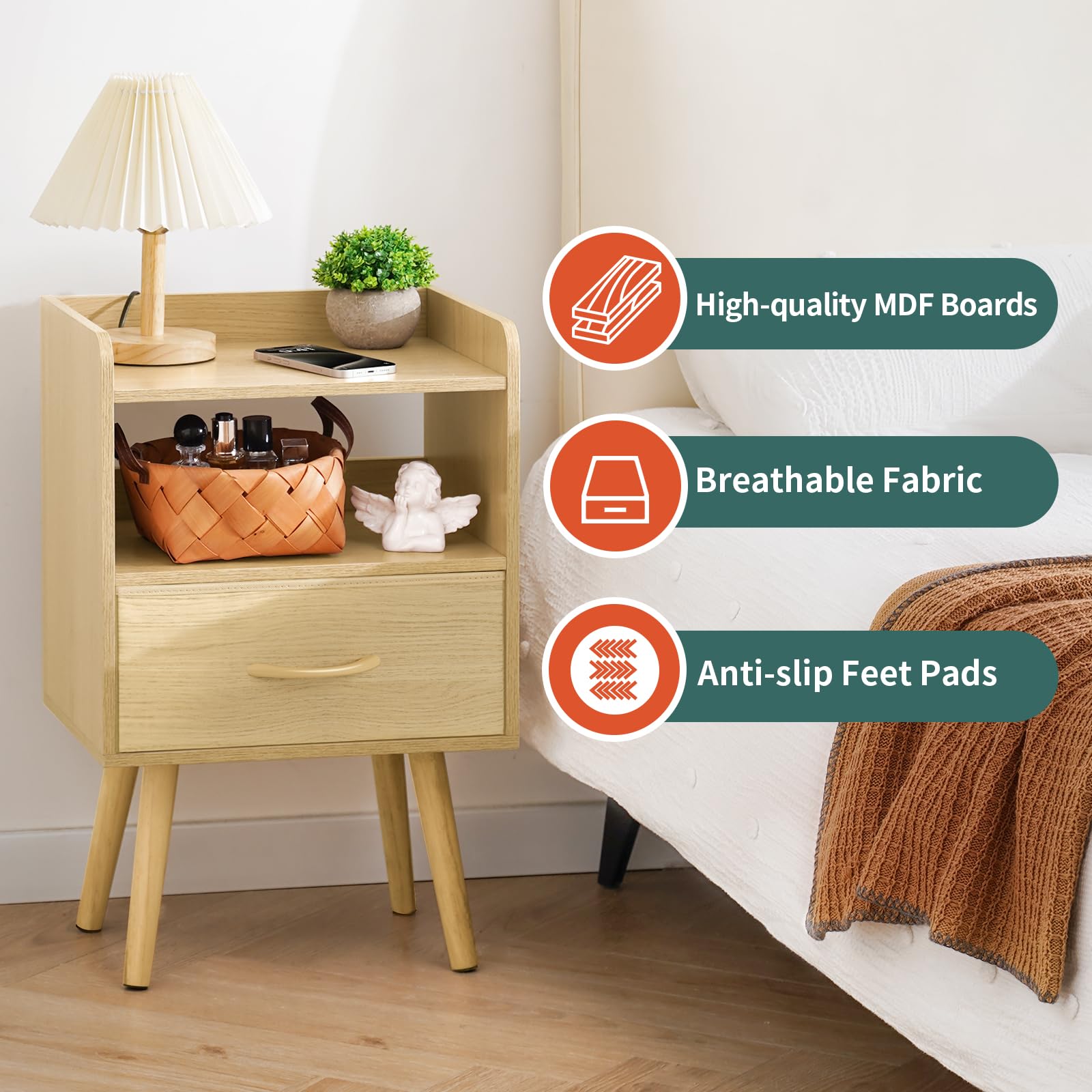 Night Stand with Fabric Drawer, Modern Nightstand, Bedside Tables