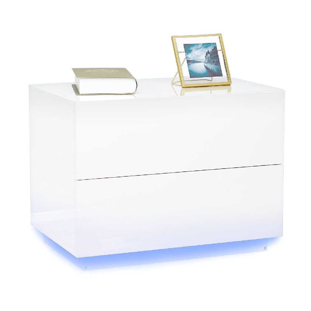 Bedside Table, LED High Gloss Bedside Table with 2 Drawers